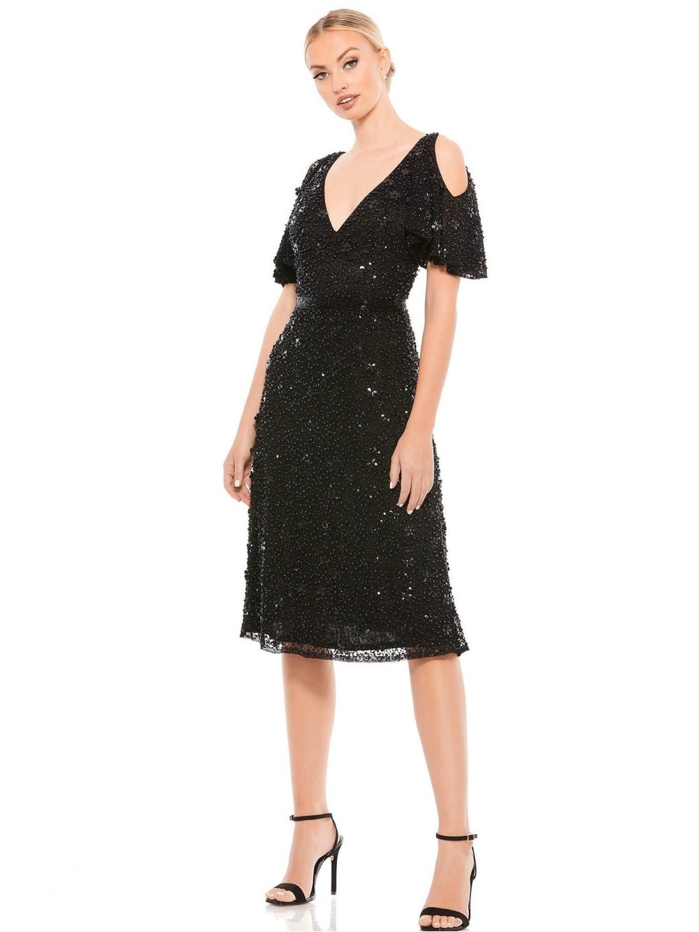Mac Duggal Short Beaded Cocktail Dress V Neck Cold Shoulder NWT $498 4988 Black